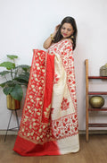 Red And White Embroidered Kashmiri Aari Work Tussar Silk Saree - Luxurion World