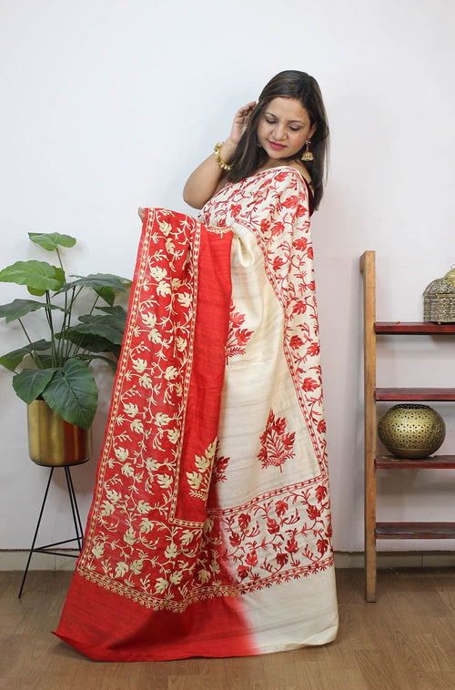 Red And White Embroidered Kashmiri Aari Work Tussar Silk Saree - Luxurion World