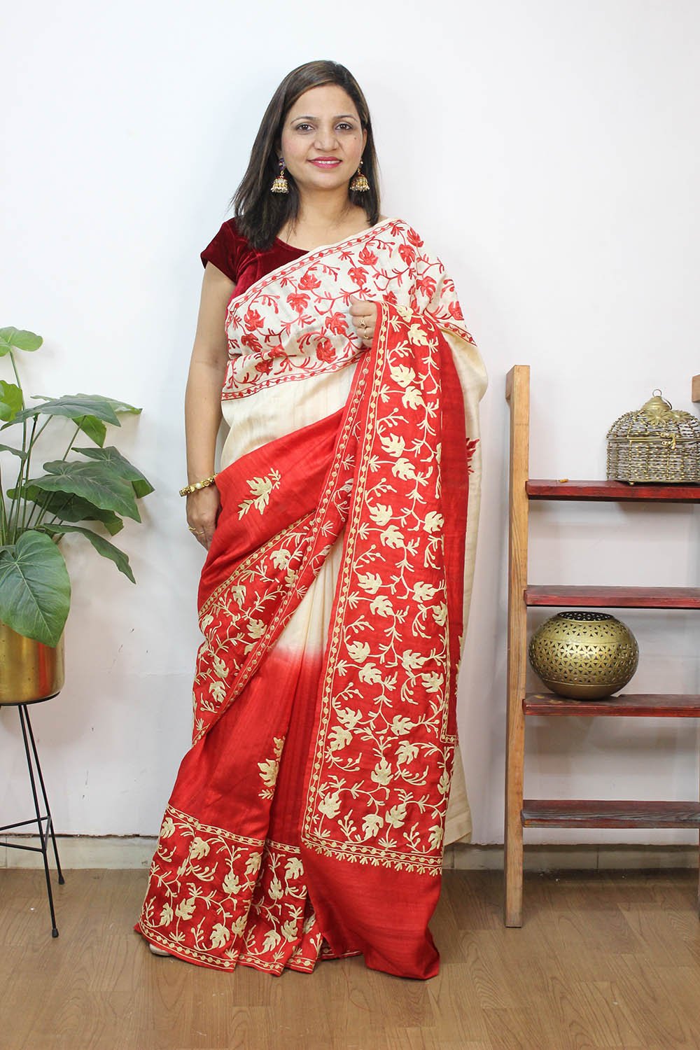 Red And White Embroidered Kashmiri Aari Work Tussar Silk Saree - Luxurion World