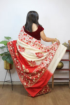 Red And White Embroidered Kashmiri Aari Work Tussar Silk Saree - Luxurion World