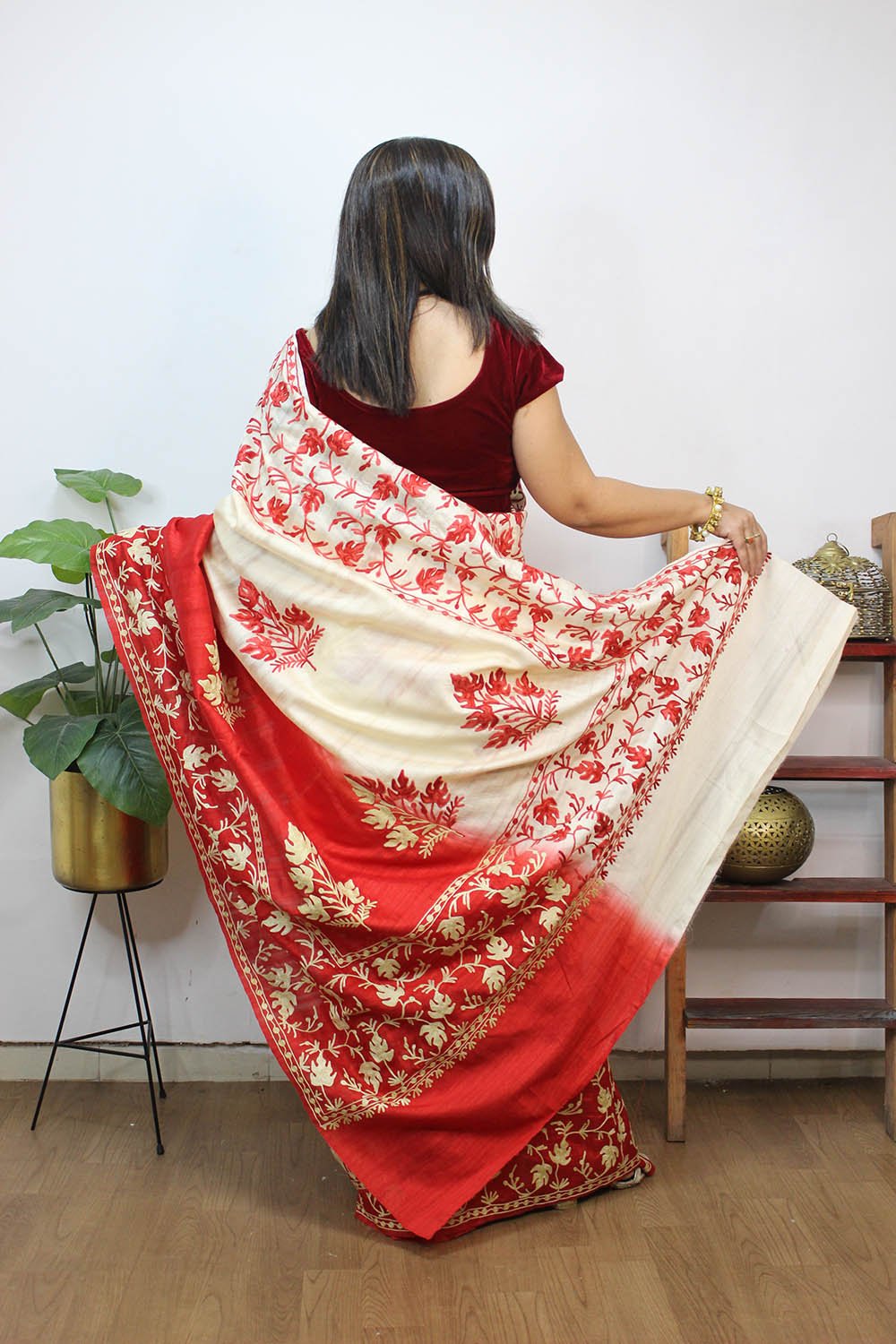 Red And White Embroidered Kashmiri Aari Work Tussar Silk Saree - Luxurion World