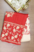 Red And White Embroidered Kashmiri Aari Work Tussar Silk Saree - Luxurion World