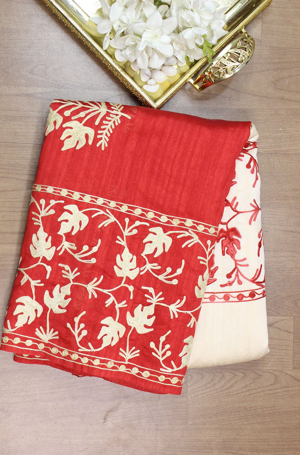 Red And White Embroidered Kashmiri Aari Work Tussar Silk Saree - Luxurion World