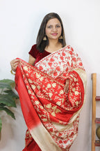Red And White Embroidered Kashmiri Aari Work Tussar Silk Saree - Luxurion World