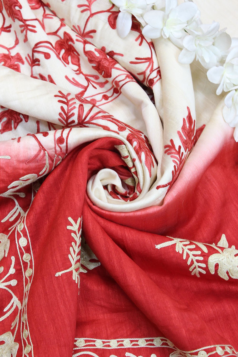 Red And White Embroidered Kashmiri Aari Work Tussar Silk Saree - Luxurion World