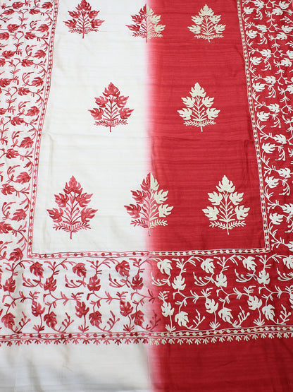 Red And White Embroidered Kashmiri Aari Work Tussar Silk Saree