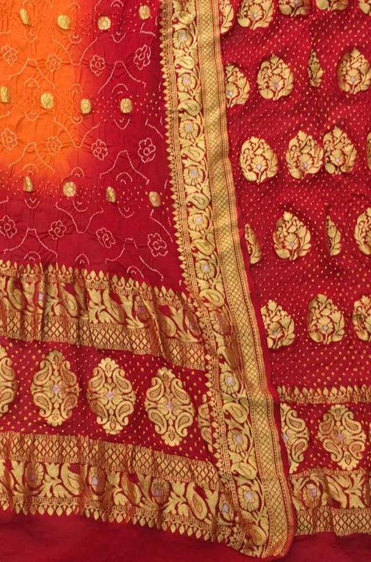 Red And Yellow Banarasi Bandhani Pure Georgette Three Piece Unstitched Suit Set