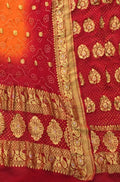 Red And Yellow Banarasi Bandhani Pure Georgette Three Piece Unstitched Suit Set - Luxurion World