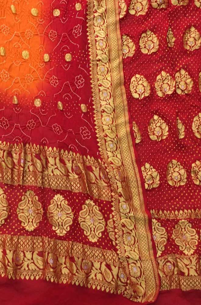 Red And Yellow Banarasi Bandhani Pure Georgette Three Piece Unstitched Suit Set - Luxurion World