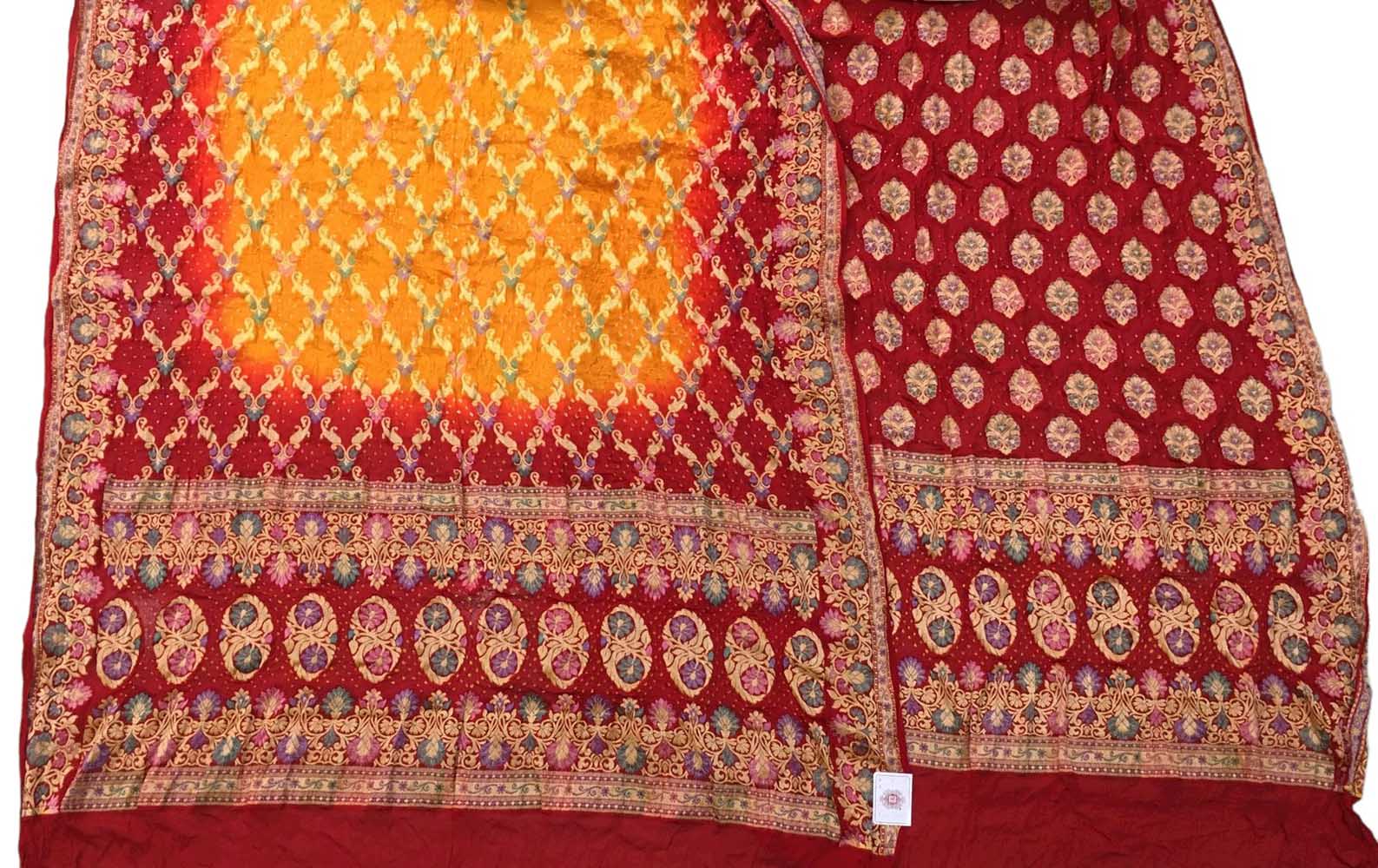 Red And Yellow Banarasi Bandhani Pure Georgette Three Piece Unstitched Suit Set - Luxurion World