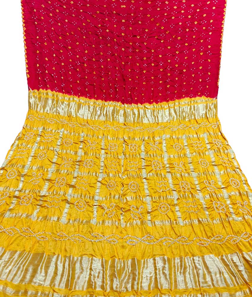 Red And Yellow Checks Bandhani Gajji Silk Gharchola Saree - Luxurion World