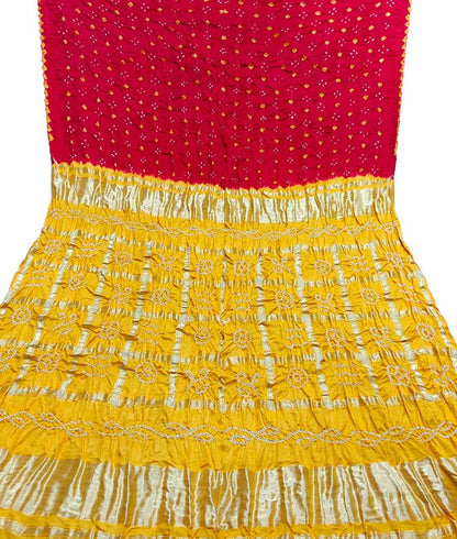 Red And Yellow Checks Bandhani Gajji Silk Gharchola Saree - Luxurion World