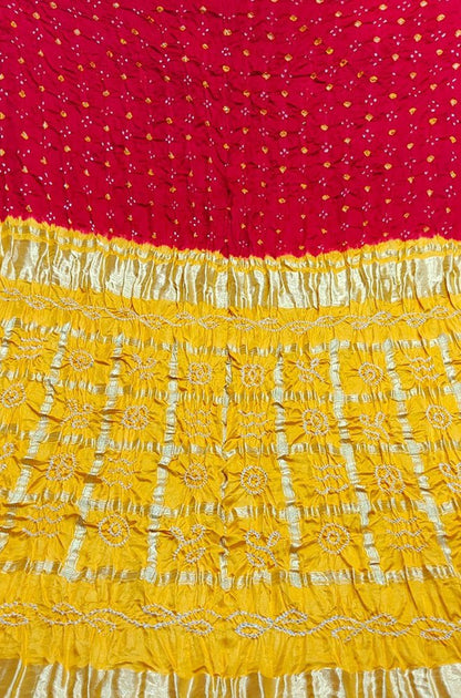 Red And Yellow Checks Bandhani Gajji Silk Gharchola Saree - Luxurion World