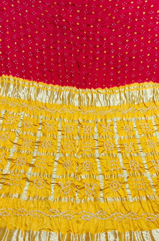 Red And Yellow Checks Bandhani Gajji Silk Gharchola Saree - Luxurion World