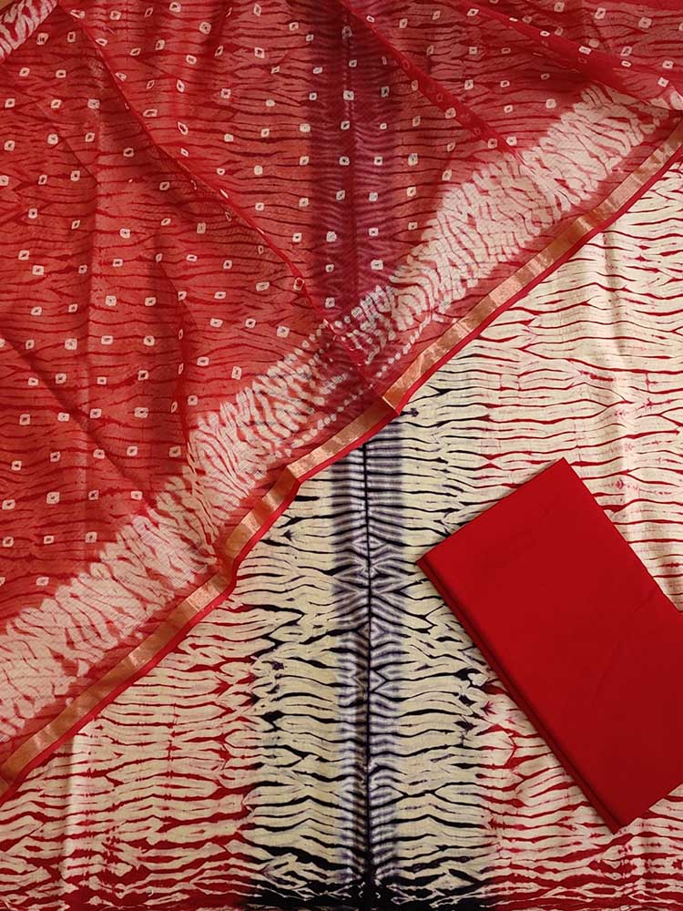 Red Banarasi Bandhani Chanderi Silk Three Piece Unstitched Suit Set - Luxurion World