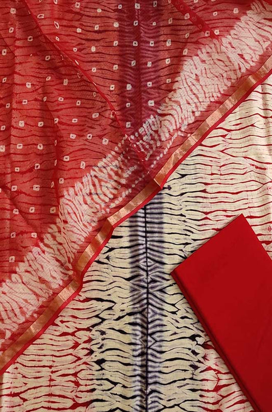 Red Banarasi Bandhani Chanderi Silk Three Piece Unstitched Suit Set - Luxurion World