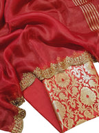Red Banarasi Brocade Silk Three Piece Unstitched Suit Set With Embroidered Dupatta - Luxurion World