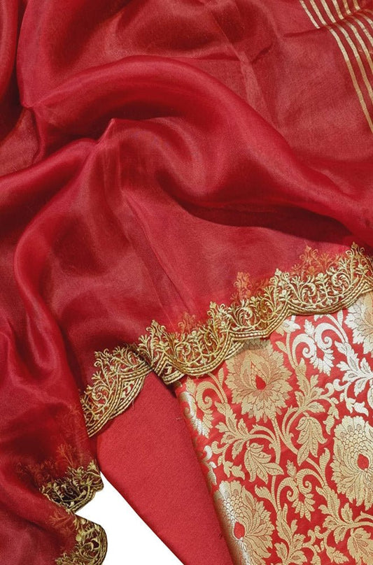 Red Banarasi Brocade Silk Three Piece Unstitched Suit Set With Embroidered Dupatta - Luxurion World
