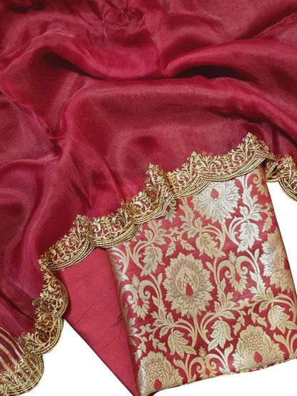 Red Banarasi Brocade Silk Three Piece Unstitched Suit Set With Embroidered Dupatta