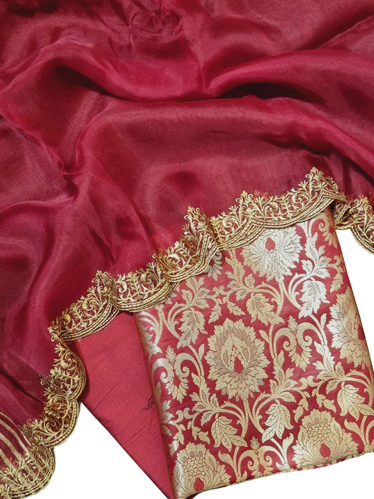 Red Banarasi Brocade Silk Three Piece Unstitched Suit Set With Embroidered Dupatta - Luxurion World