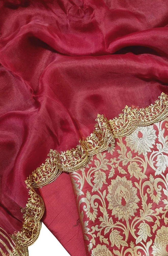Red Banarasi Brocade Silk Three Piece Unstitched Suit Set With Embroidered Dupatta - Luxurion World