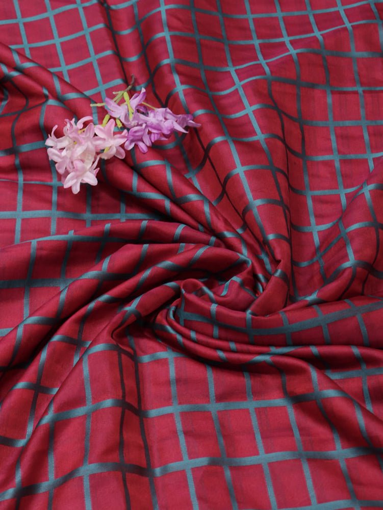 Red Banarasi Cotton Silk Checks Design Fabric (1 Mtr) - Luxurion World