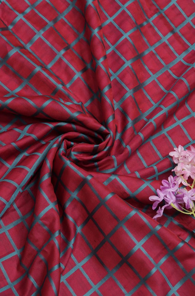 Red Banarasi Cotton Silk Checks Design Fabric (1 Mtr) Luxurionworld