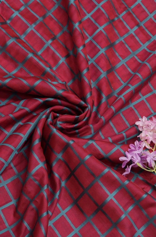 Red Banarasi Cotton Silk Checks Design Fabric (1 Mtr)