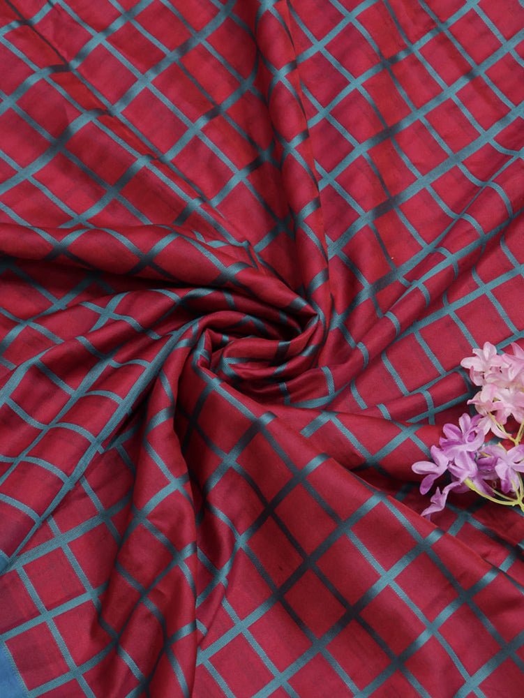 Red Banarasi Cotton Silk Checks Design Fabric (1 Mtr) - Luxurion World