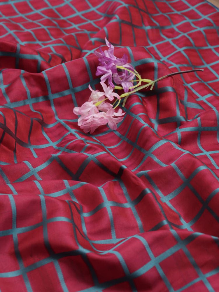 Red Banarasi Cotton Silk Checks Design Fabric (1 Mtr) Luxurionworld