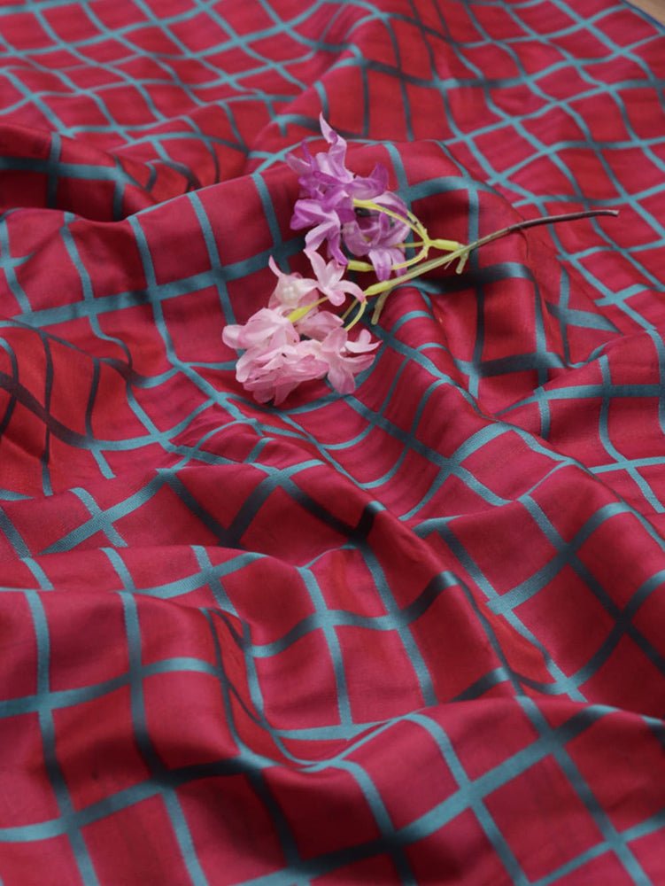 Red Banarasi Cotton Silk Checks Design Fabric (1 Mtr) - Luxurion World