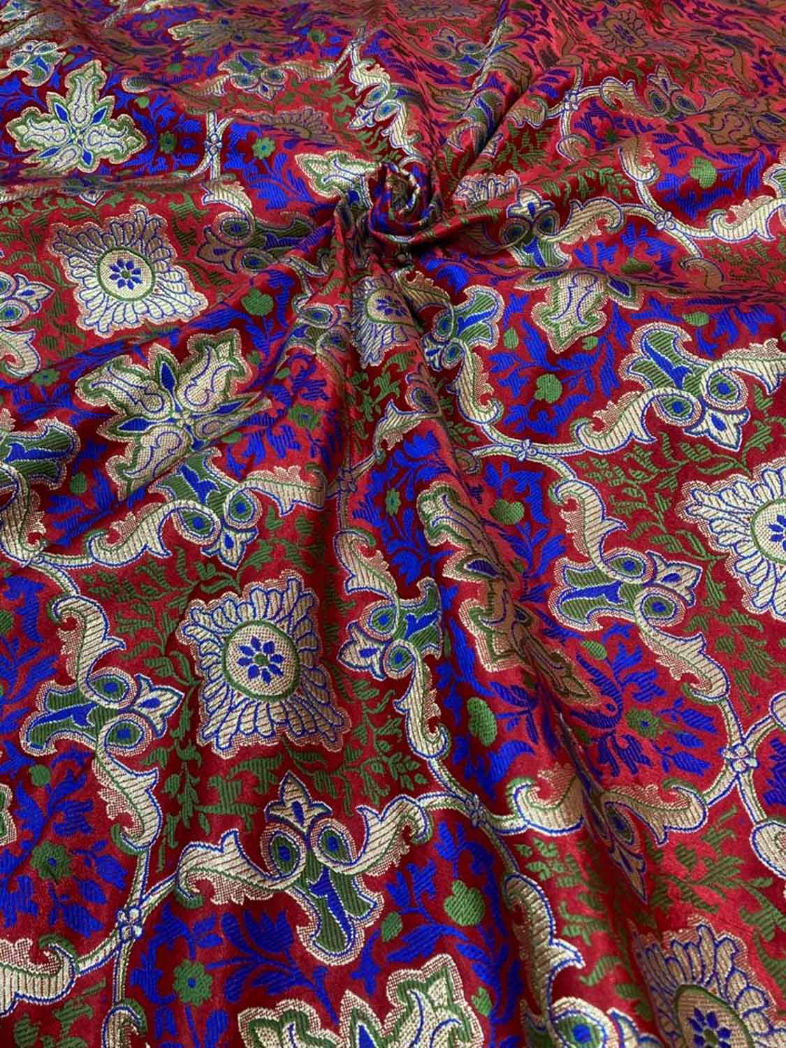 Red Banarasi Kimkhwab Silk Fabric  ( 1 Mtr ) - Luxurion World