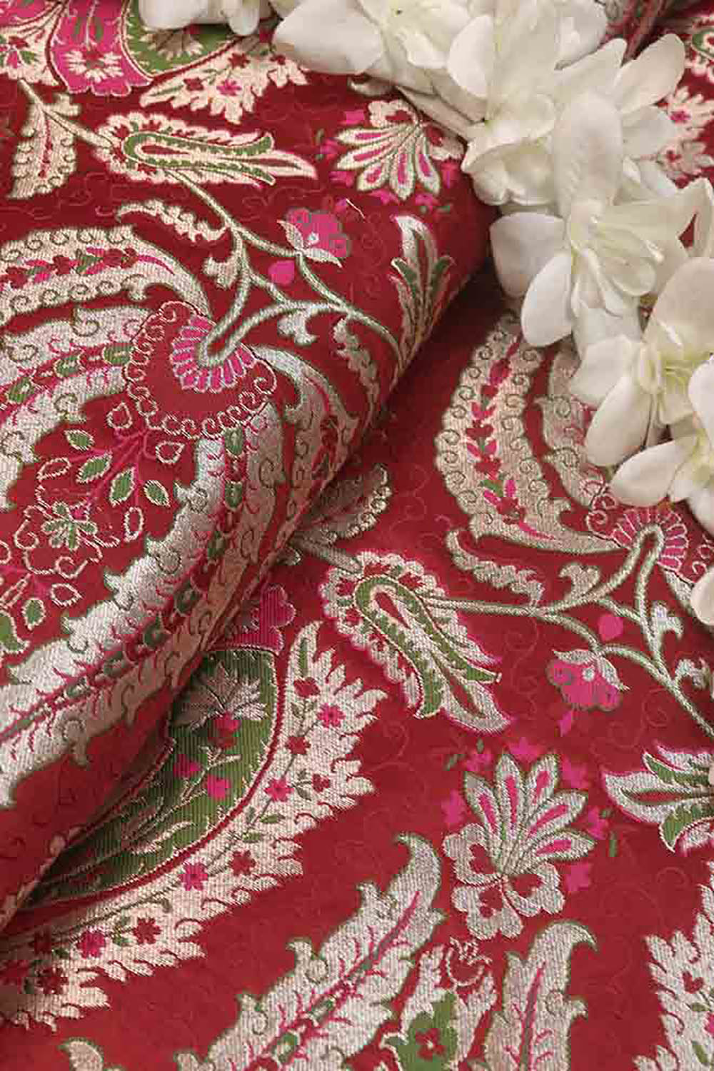 Exquisite Red Banarasi Kimkhwab Silk Meenakari Fabric - 5 Mtr - Luxurion World
