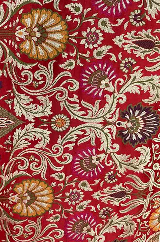 Red Banarasi KimKhwab Silk Meenakari Fabric ( 1 Mtr ) - Luxurion World