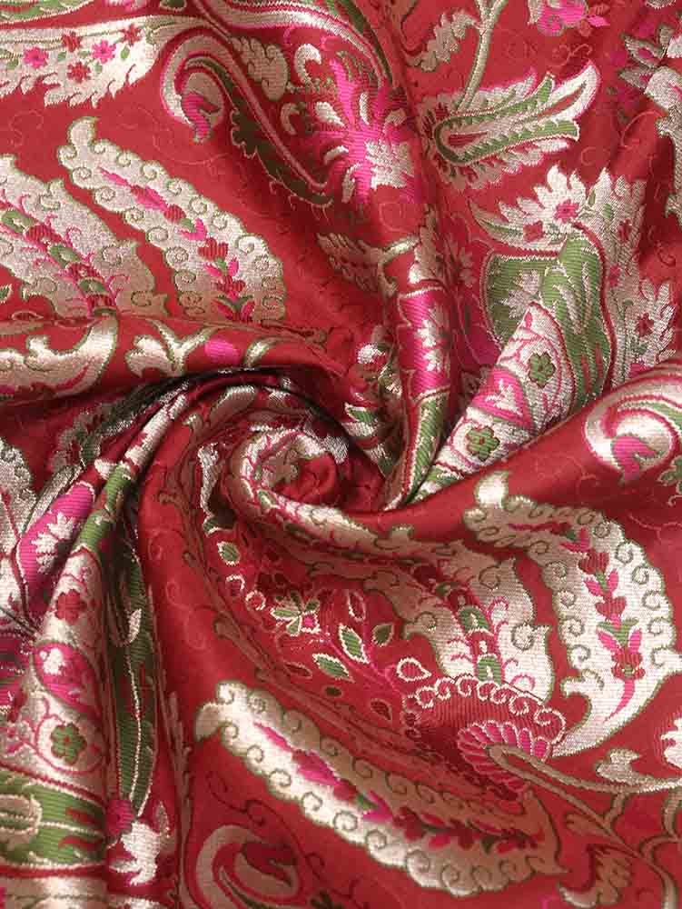 Red Banarasi Kimkhwab Silk Meenakari Fabric ( 1 Mtr ) - Luxurion World