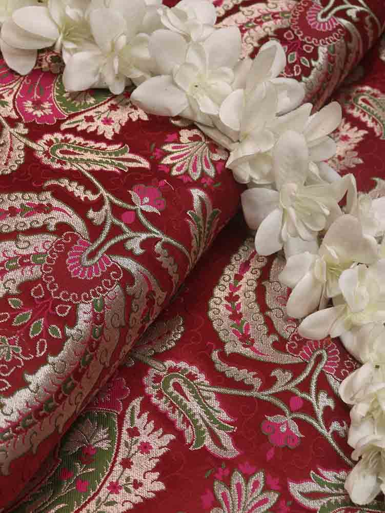 Red Banarasi Kimkhwab Silk Meenakari Fabric ( 1 Mtr ) - Luxurion World