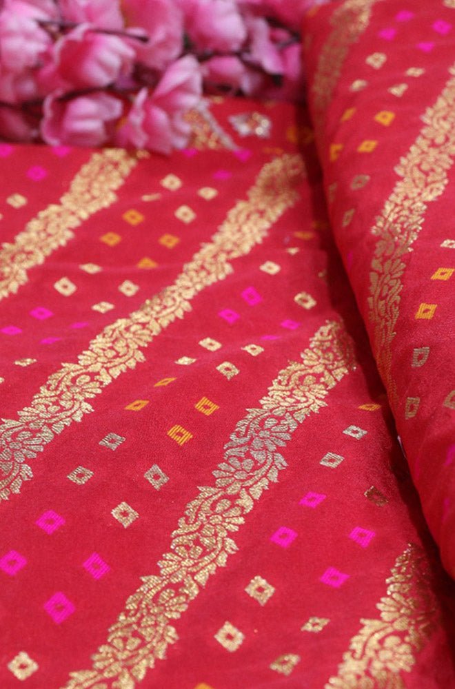 Red Banarasi Meenakari Bandhani Design Silk Fabric ( 1 Mtr ) - Luxurion World