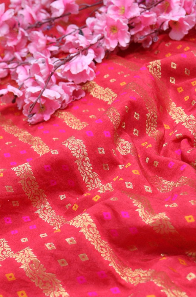 Red Banarasi Meenakari Bandhani Design Silk Fabric ( 1 Mtr ) Luxurionworld
