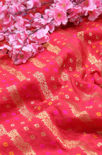 Red Banarasi Meenakari Bandhani Design Silk Fabric ( 1 Mtr ) - Luxurion World