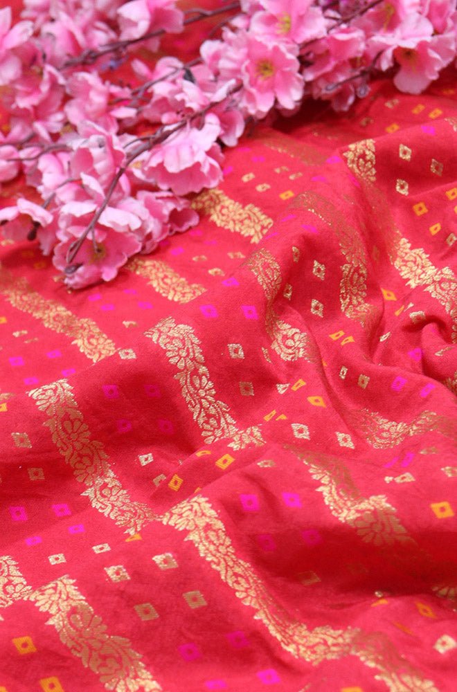 Red Banarasi Meenakari Bandhani Design Silk Fabric ( 1 Mtr ) - Luxurion World