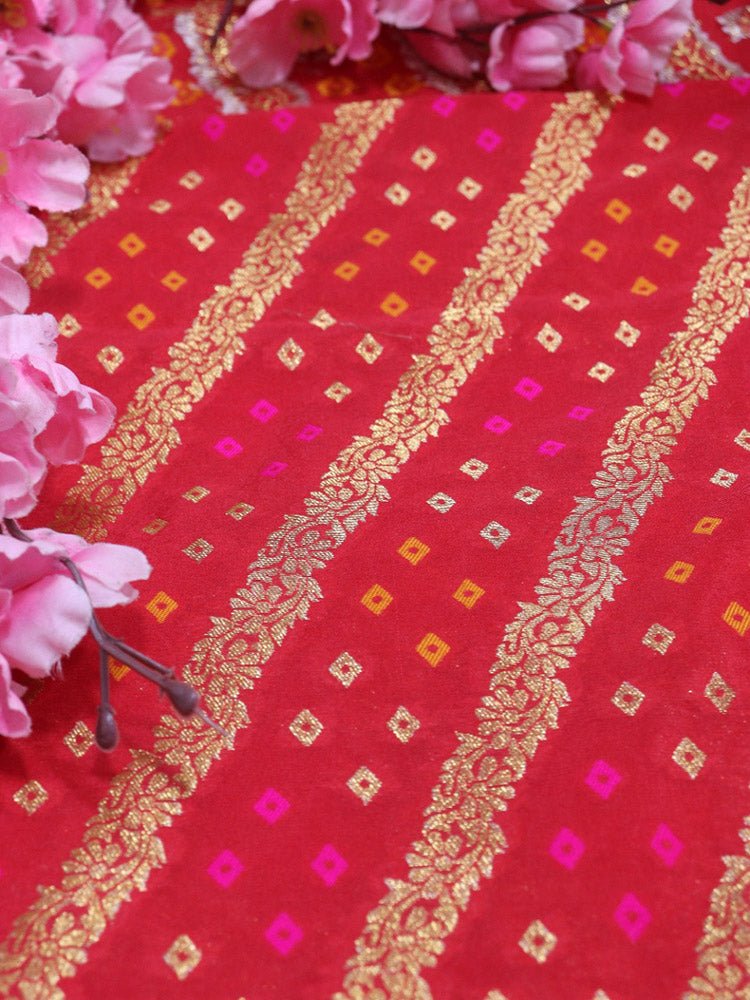 Red Banarasi Meenakari Bandhani Design Silk Fabric ( 1 Mtr ) - Luxurion World
