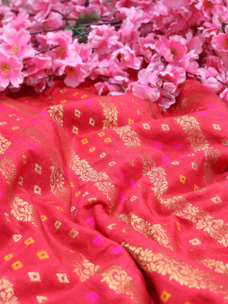 Red Banarasi Meenakari Bandhani Design Silk Fabric ( 1 Mtr ) - Luxurion World