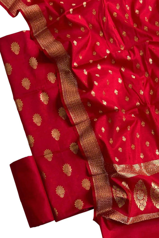 Red Banarasi Moonga Silk Three Piece Unstitched Suit Set
