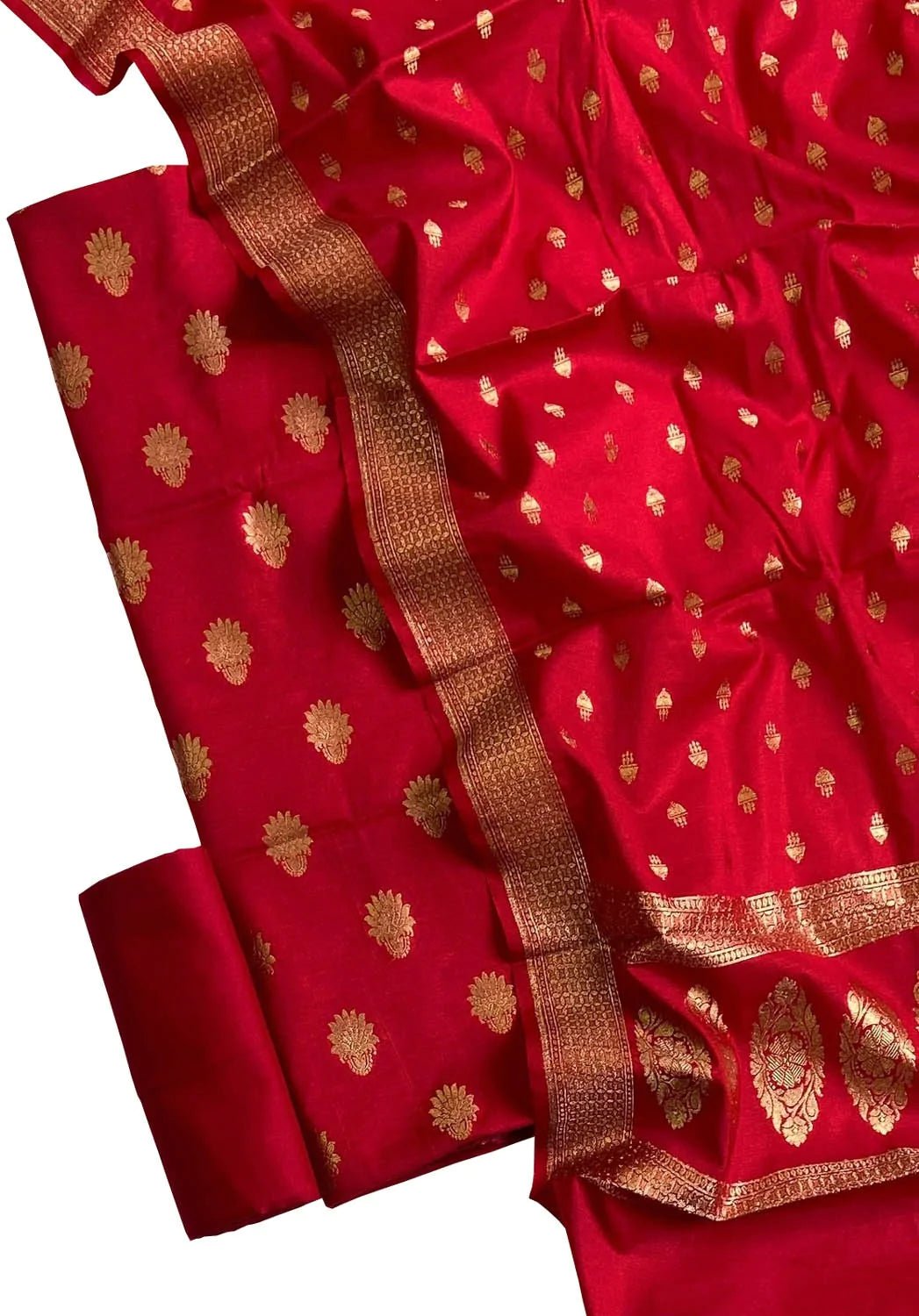 Red Banarasi Moonga Silk Three Piece Unstitched Suit Set - Luxurion World
