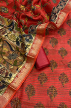Red Banarasi Moonga Silk Three Piece Unstitched Suit Set With Digital Printed Dupatta - Luxurion World