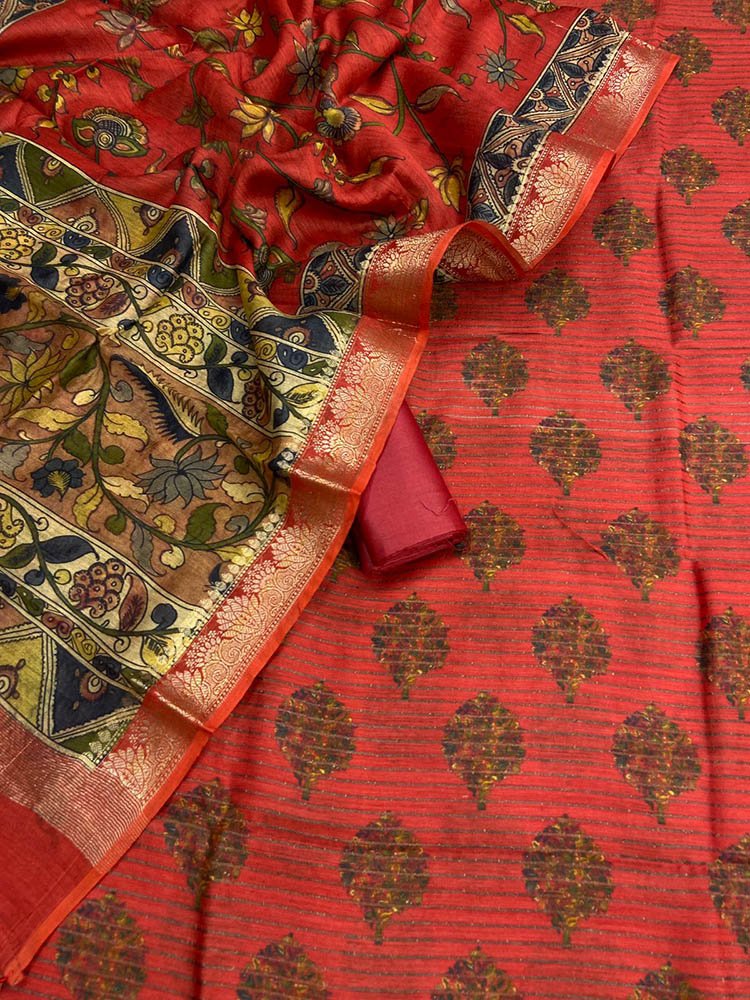 Red Banarasi Moonga Silk Three Piece Unstitched Suit Set With Digital Printed Dupatta