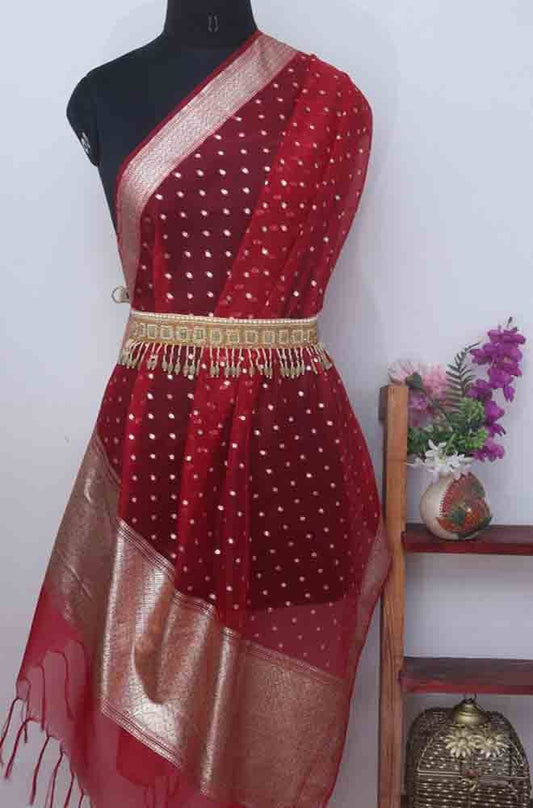 Red Banarasi Organza Dupatta - Luxurion World