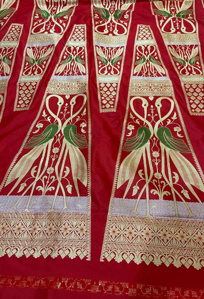 Red Banarasi Pure Katan Silk Unstitched Lehenga Set - Luxurion World