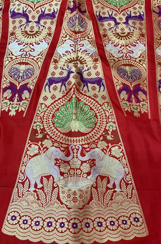 Red Banarasi Pure Katan Silk Unstitched Lehenga Set - Luxurion World