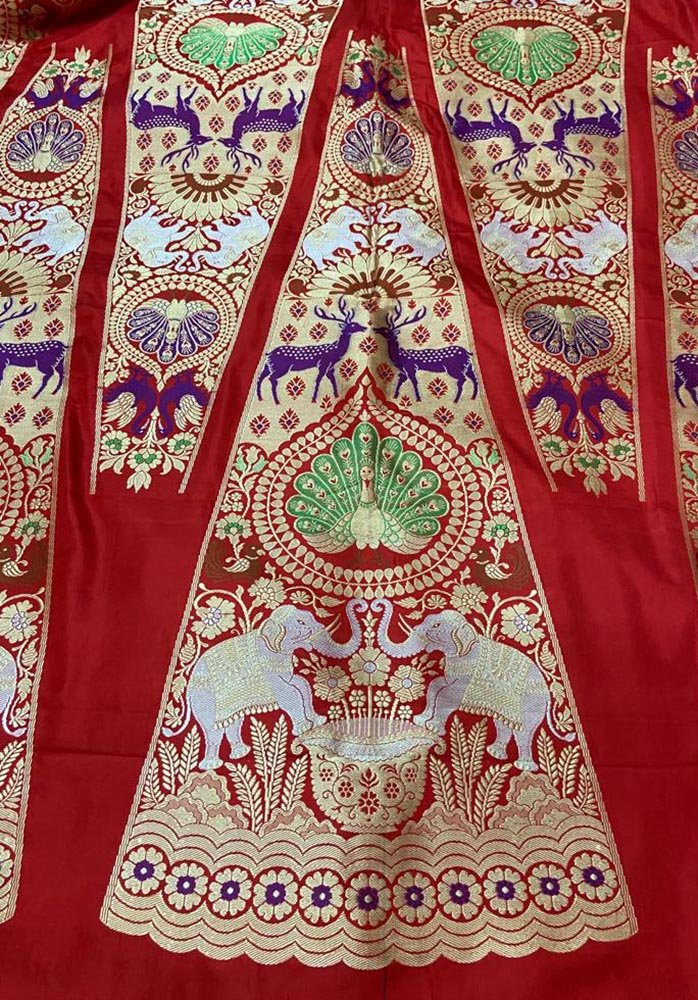 Red Banarasi Pure Katan Silk Unstitched Lehenga Set - Luxurion World